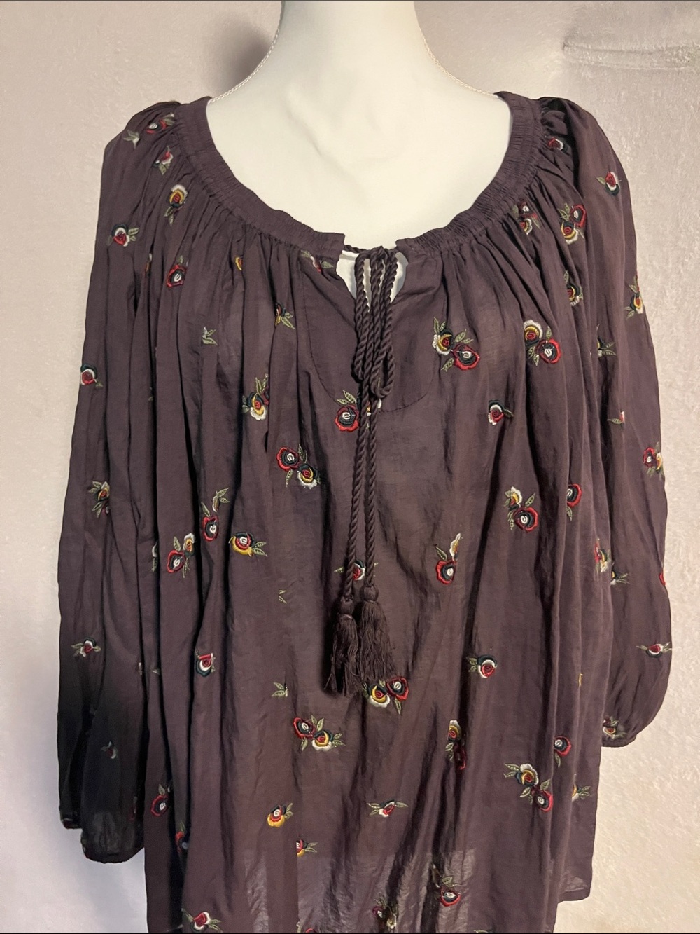 Embroidered Boho Peasant Tunic Top - Deep Plum - Picture 2 of 7